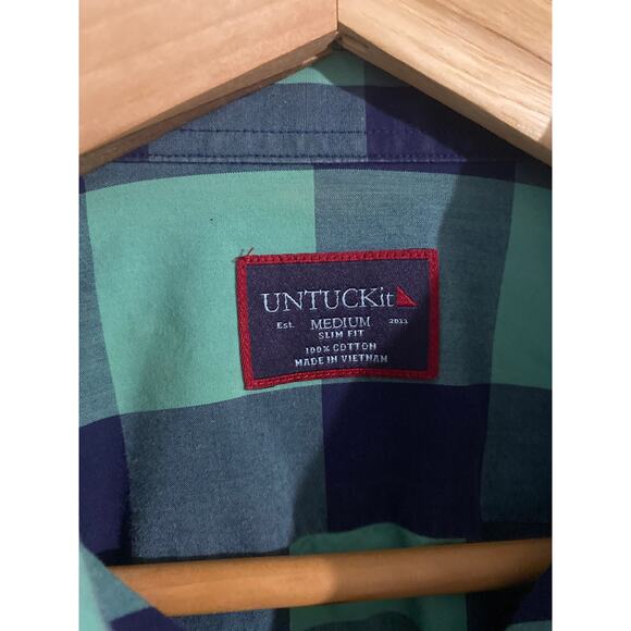 Untuckit button down shirt men’s size M green blue plaid cotton slim fit casual - Picture 2 of 4